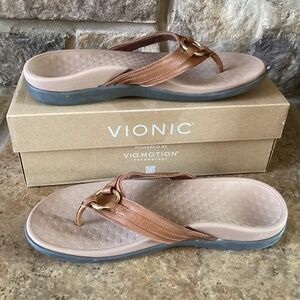 Vionic Aloe Mocha Sandal Size 10 Women's Toe Post Thong Flip Flops Brown Leather